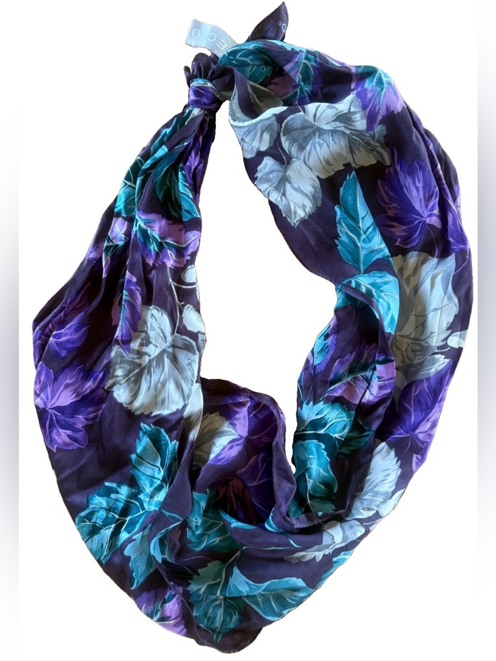 Echo 100% Silk Floral Scarf Purple Teal Gray Large Square Neck Head Wrap